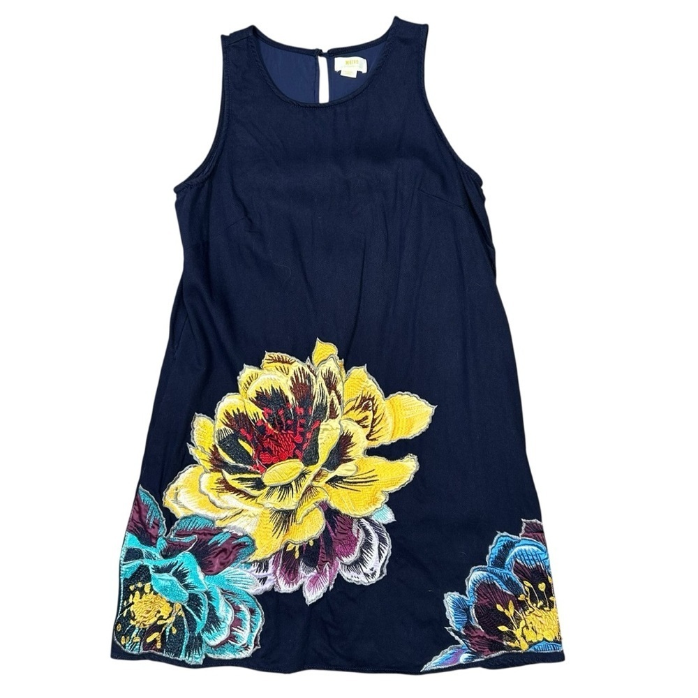 Anthropologie Maeve Posie blue floral embroidered shift dress size large linen - Picture 2 of 11